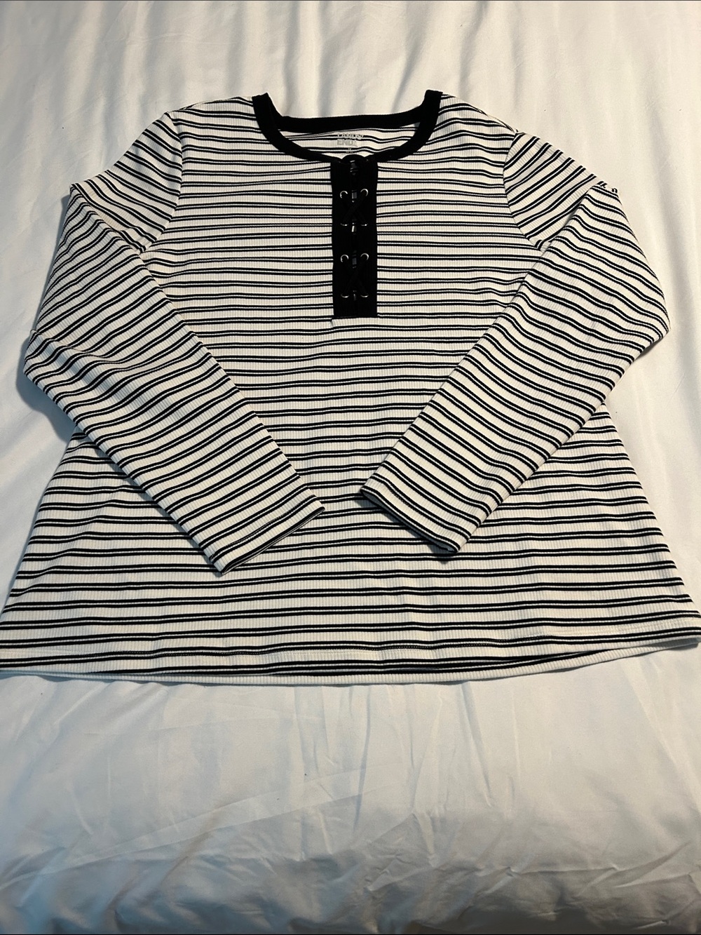 Lands' End Black and White Striped Lace-Up Long-Sleeve Henley